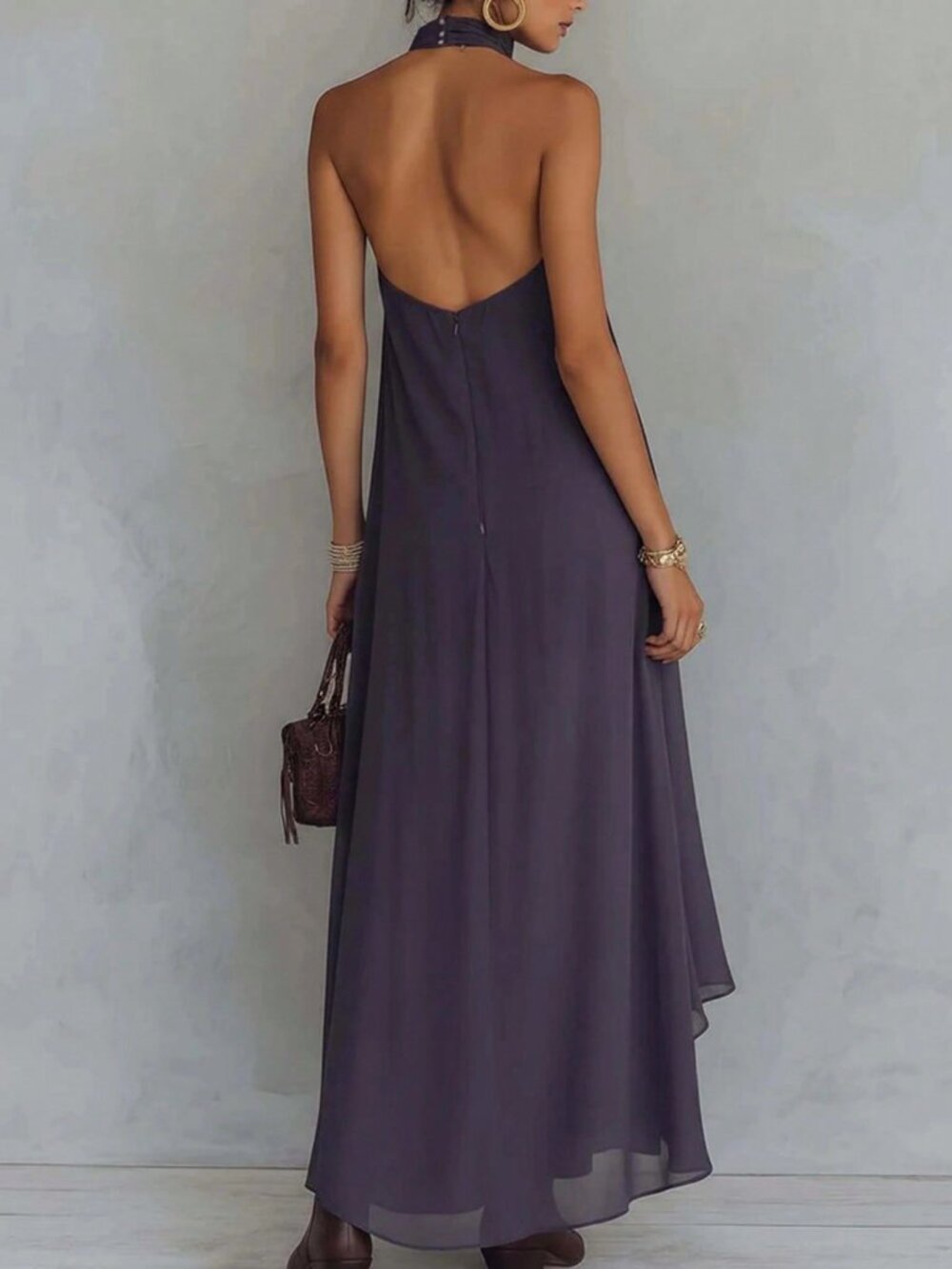Dark Purple Casual Women's hi low Long Dress - Picture 2 of 7